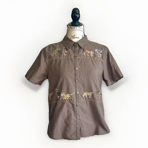 VTG Lemon Grass Womens Linen Blend Button Up M Animal Embroidered Safari